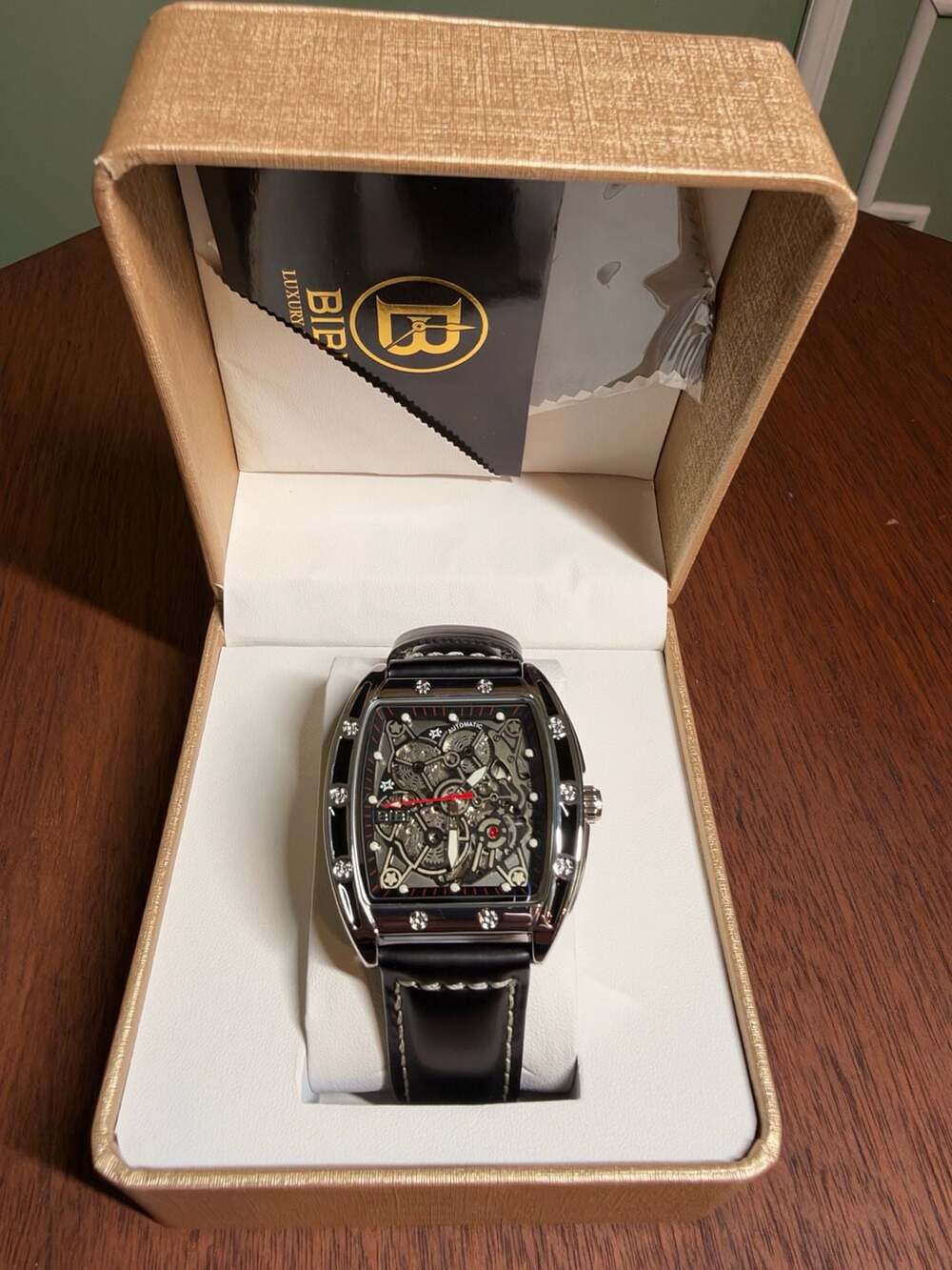 BIBI Luxury Men Automatic Skeleton Tonneau Wristwatch Black Leather